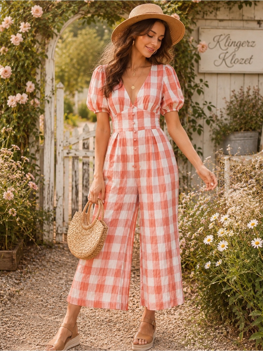 ASOS Coral Gingham Puff Sleeve Wide Leg Jumpsuit Size 14 Cottagecore Boho